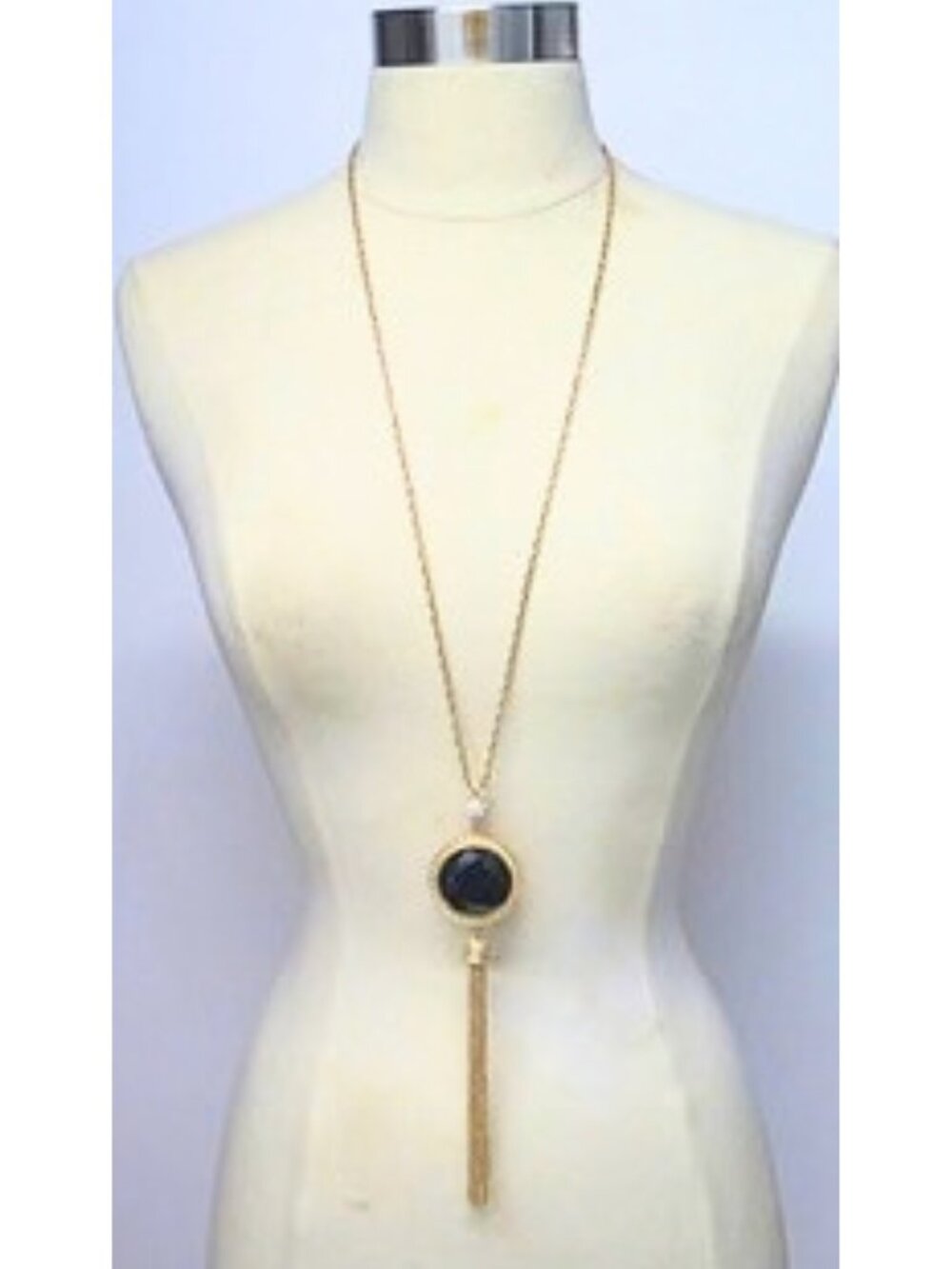 Gold Tone Black and White Round Pendant Long Chain Tassel Necklace